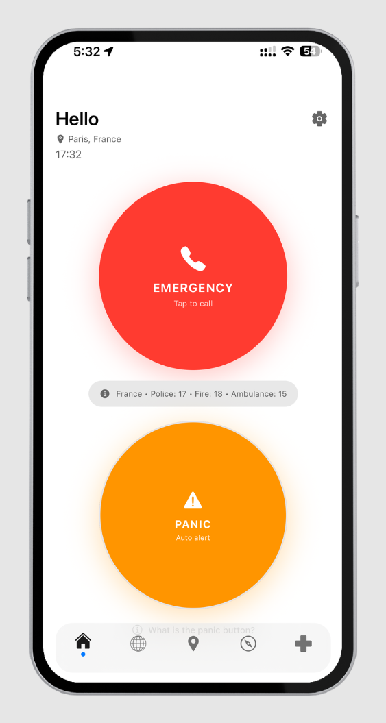 Weelp home screen with one-tap emergency and panic buttons